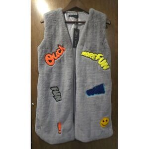Y2K Milky Way Womens Faux Fur Patch Vest Grey‎ Ouch More Fun Smiley Small NWT